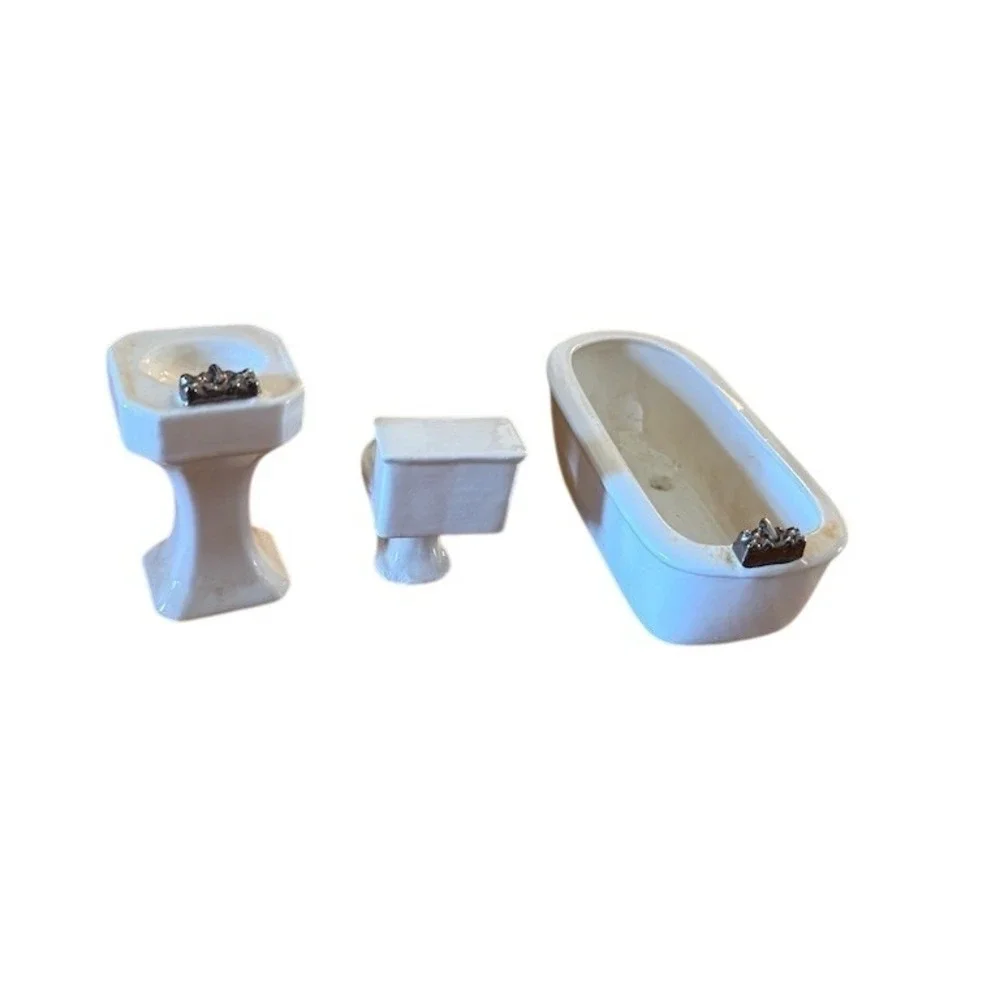 Miniature Dollhouse Bathroom Set Victorian White Tub Toilet Pedestal Sink